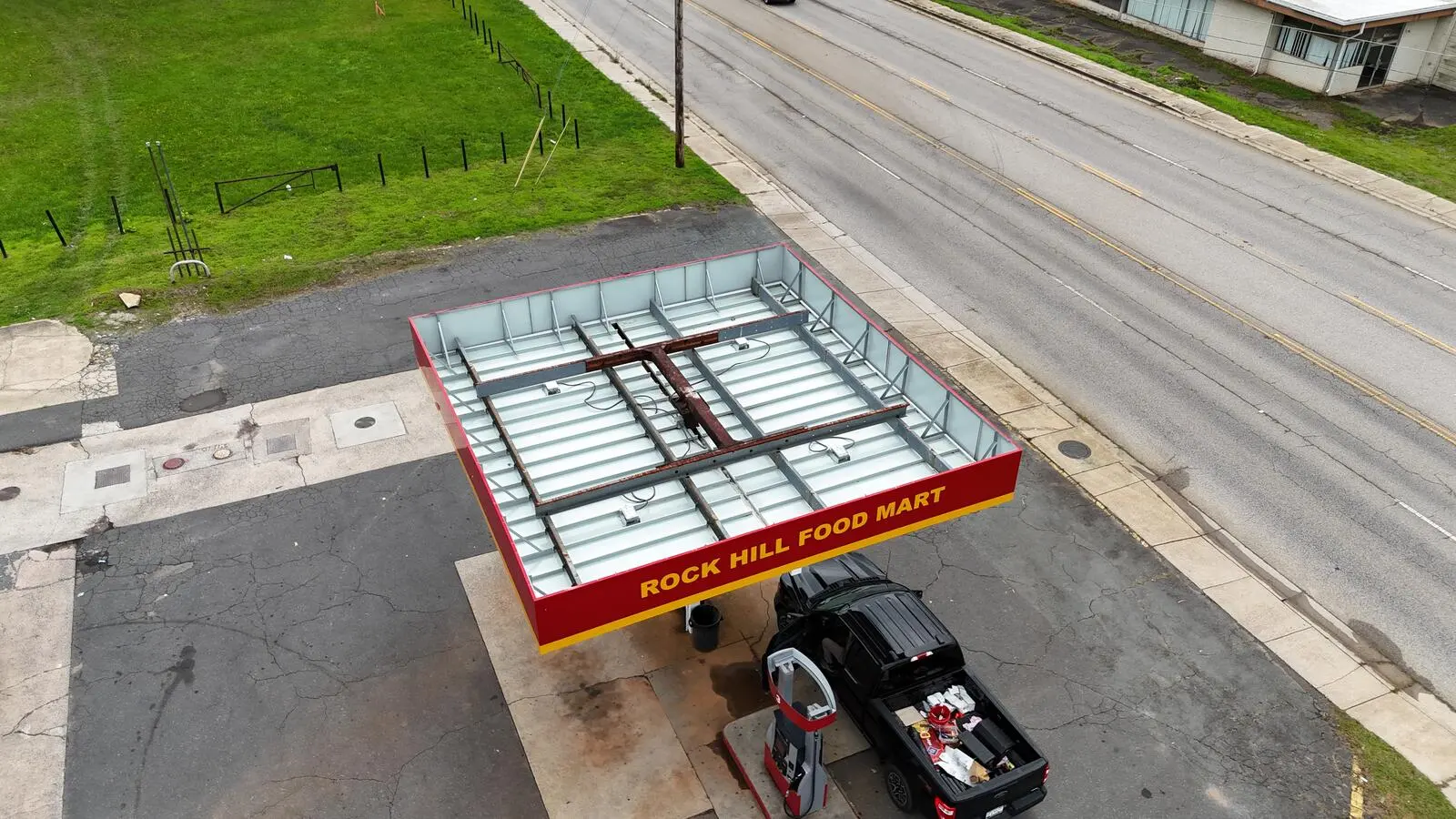 Aerial view of the fuel canopy structure during renovation at Rock Hill Food Mart