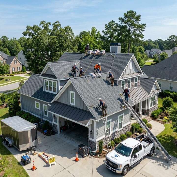 Roofing crew performing shingle repairs on a residential roof in Lexington SC